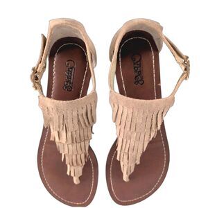 Carlos Santana Suede Fringe Thong Buckle Flat Sandals Brown Women's Size 7.5